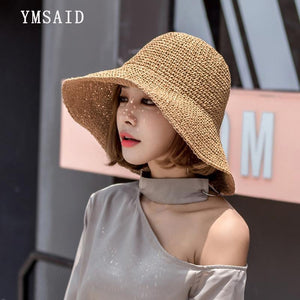 Elegant Summer Women Hand Crochet Hats Collapsible Beach Panama Straw Hat Wide Brim Folded Outdoor Visor Leisure Holiday Sun Hat