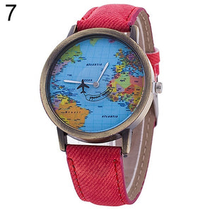 Hot Sale Mini World Fashion Quartz Watch Men Unisex Map Airplane Travel Around The World Women Leather Dress Wrist Watch Clock