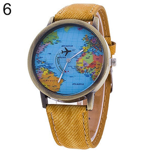 Hot Sale Mini World Fashion Quartz Watch Men Unisex Map Airplane Travel Around The World Women Leather Dress Wrist Watch Clock