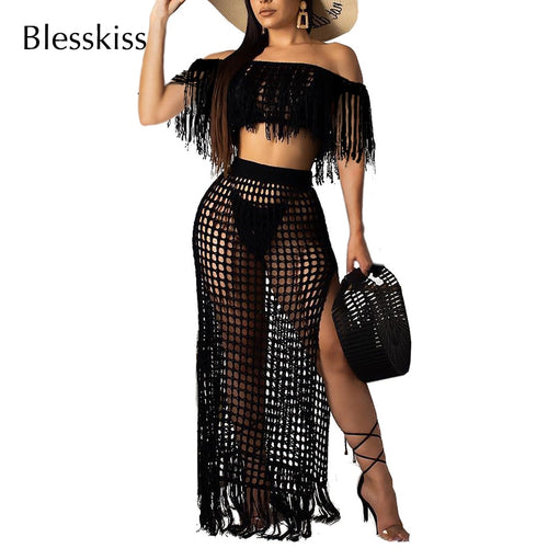 BLESSKISS 2 Two Piece Beach Dress Cover Up Women Summer Crochet Tassel Bathing Suit Swimsuit Bikini Coverups Party Beachwear