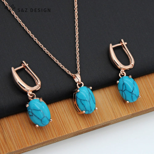 S&Z Fine Turquoises Oval Egg Shape 585 Rose Gold Earrings Jewelry Set For South Korean Women Temperament Wedding Fashion Jewelry