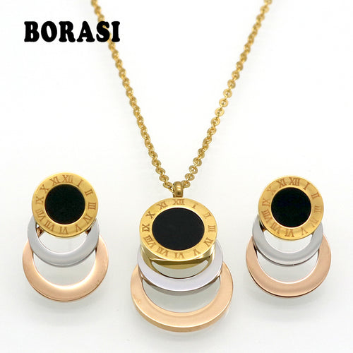 Consist 3 Color Stainless Steel Jewelry Stes Brand Women Earrings- Necklace Jewelry Set For Female