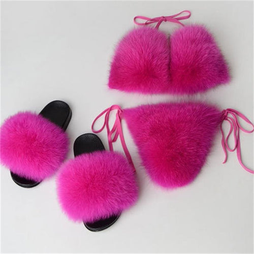 Real Fox Fur Slippers Women Sanadals Fashion Fur Bikini Bra Summer Beach Bathing Suit Sexy Underwear Soft Shoes Bikini New Hot