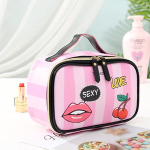 FUDEAM Leather Love Heart Portable Women Cosmetic Bag Multifunction Travel Storage Organize Portable Handbag Zipper Makeup Case