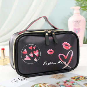 FUDEAM Leather Love Heart Portable Women Cosmetic Bag Multifunction Travel Storage Organize Portable Handbag Zipper Makeup Case