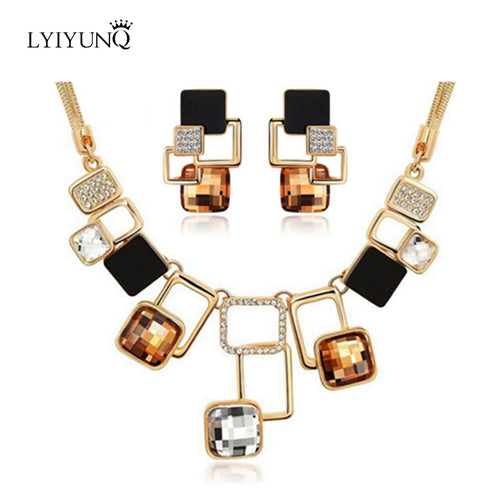 Luxury Austrian Crystals Square Jewelry Sets Geometric Earrings Square Pendant Snake Chain Necklace Jewelry Women Parure Bijoux