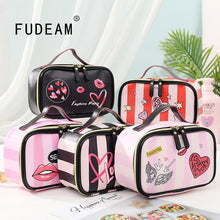 FUDEAM Leather Love Heart Portable Women Cosmetic Bag Multifunction Travel Storage Organize Portable Handbag Zipper Makeup Case