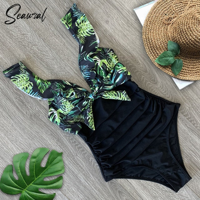 Sexy New Ruffle One Piece Swimsuit Off The Shoulder Swimwear Women Swimsuit Deep-V Bathing Suits Beach Wear Swim Suit