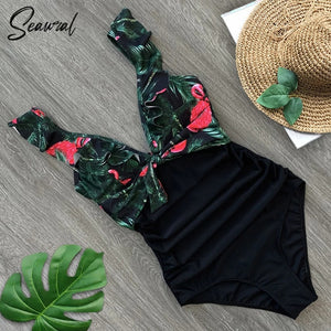 Sexy New Ruffle One Piece Swimsuit Off The Shoulder Swimwear Women Swimsuit Deep-V Bathing Suits Beach Wear Swim Suit