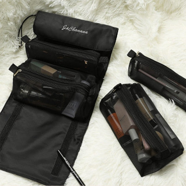 Women Cosmetic Bag Travel Organizer Foldable Hanging Nylon Wash Bag Portable Makeup Bag Multifunctional Toiletry Pouch