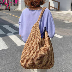 Women Shoulder Bags Wicker Woven Ladies Handbags Handmade Summer Beach Large Totes Bag Bohemia