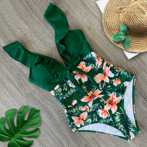 Sexy New Ruffle One Piece Swimsuit Off The Shoulder Swimwear Women Swimsuit Deep-V Bathing Suits Beach Wear Swim Suit