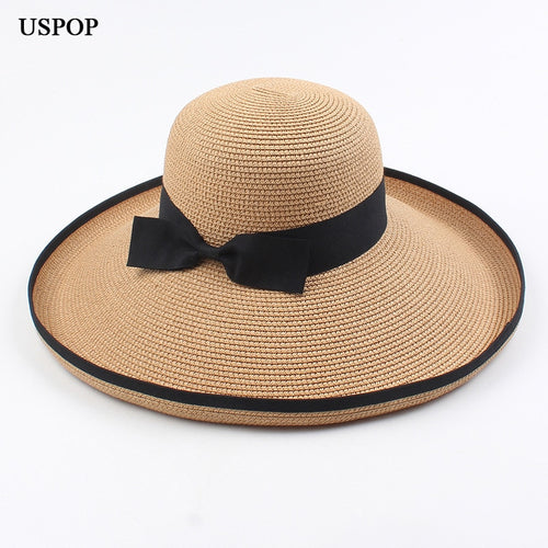 USPOP 2020 New women summer hats wide brim beach hats collapsible bow large visor sun hats female straw hat