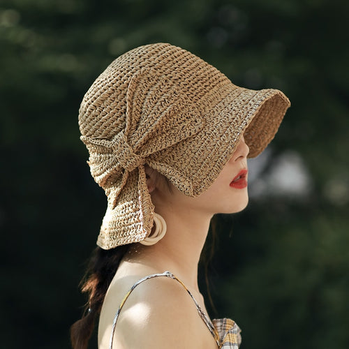 Small straw hat female summer sun hat beach beach hat bow fisherman hat collapsible sun hat sun hat