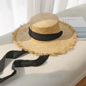 Woman Lace Strap Straw Hat with Bow Ribbon Summer Cap Beach Visor Outdoor Holiday Flat Top Beach Sun Protection Hat Collapsible