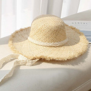 Woman Lace Strap Straw Hat with Bow Ribbon Summer Cap Beach Visor Outdoor Holiday Flat Top Beach Sun Protection Hat Collapsible