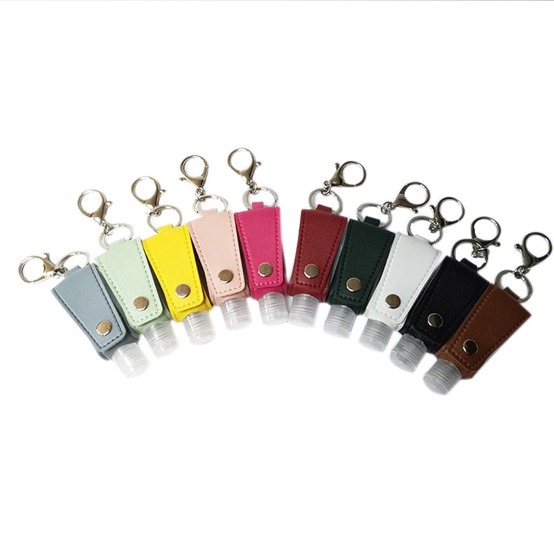 Disinfect Hand Sanitizer Leather Keychain Holder Travel Bottle Refillable Containers 30ml Reusable Bottles with Keychain Carrier