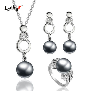 LEEKER 2020 Hot Sale Vintage Imitation Pearl Wedding Jewelry Set Silver Color Necklace Earring Ring Set For Women Gifts ZD1 LK2
