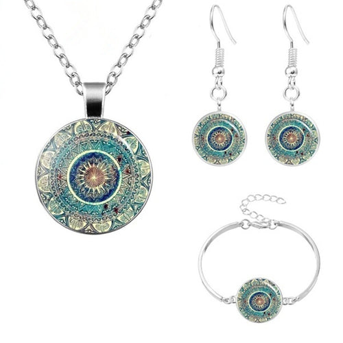 Glass Cabochon Pendant Necklace Bracelet Earrings Om India Yoga Mandala Jewelry for Women's fashion Gift Friendship Jewelry