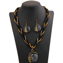 Hesiod Bohemian Natural Stone Pendants&amp; Necklaces Blue Crystal Drop Earrings Round Multi-layer Chain Braided Wedding Jewelry Set