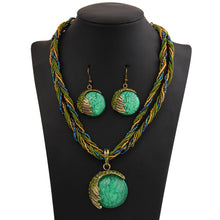 Hesiod Bohemian Natural Stone Pendants&amp; Necklaces Blue Crystal Drop Earrings Round Multi-layer Chain Braided Wedding Jewelry Set