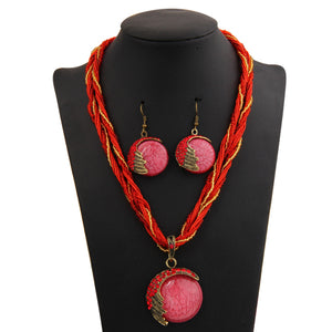 Hesiod Bohemian Natural Stone Pendants&amp; Necklaces Blue Crystal Drop Earrings Round Multi-layer Chain Braided Wedding Jewelry Set