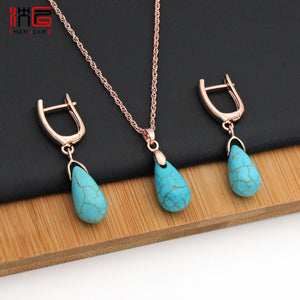 SHENJIANG New Fine 585 Rose Gold Water Drop Synthetic Turquoises Dangle Earrings Jewelry Sets For Women Wedding Fashion Jewelry