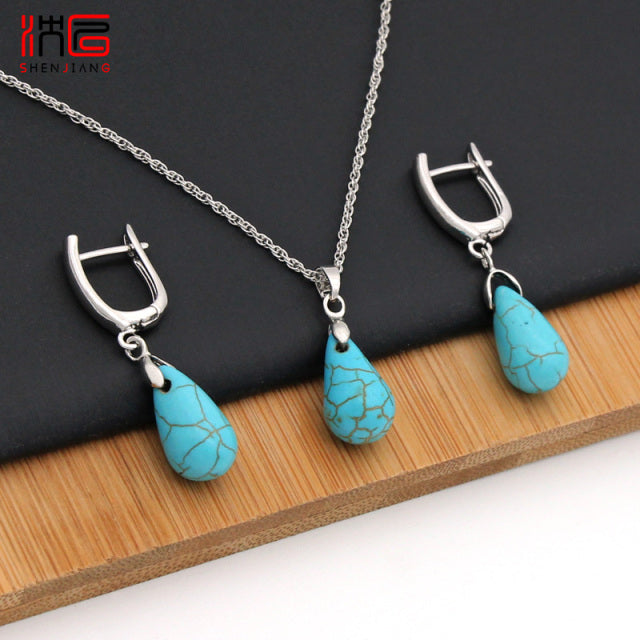 SHENJIANG New Fine 585 Rose Gold Water Drop Synthetic Turquoises Dangle Earrings Jewelry Sets For Women Wedding Fashion Jewelry