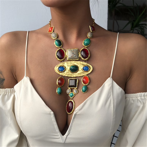 Vintage Style Multicolour Resin Statement Necklace, Big, Bold and Colorful Necklace, Gold Plated Paper Clip Chain Choker Tribal