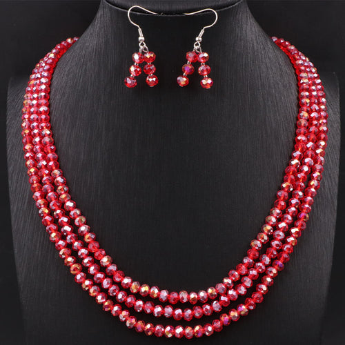 New Fashion Statement Women Jewelry Set Multicolor Crystal Beads Strand 3 Rows Necklace Earrings Glass 4x6mm Jewellery Sets A604