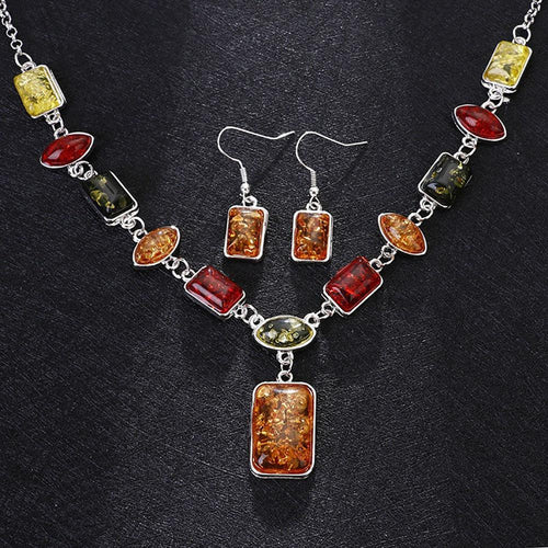 Square Oval Amber African Style Women Necklace Hook Earrings Party Jewelry Set chic