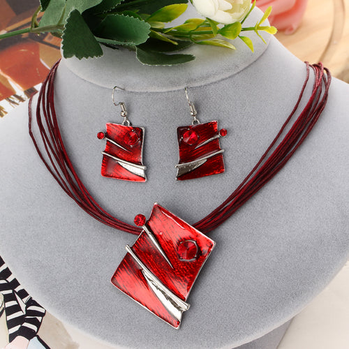 MINHIN Retro Wedding Jewelry Set Leather Multi Ropes Geometry Pendant Necklaces Earrings Sets Women Rhinestone Jewelry Sets