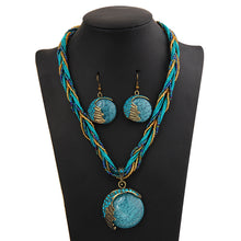 Hesiod Bohemian Natural Stone Pendants&amp; Necklaces Blue Crystal Drop Earrings Round Multi-layer Chain Braided Wedding Jewelry Set