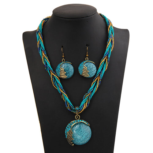 Hesiod Bohemian Natural Stone Pendants& Necklaces Blue Crystal Drop Earrings Round Multi-layer Chain Braided Wedding Jewelry Set