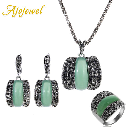 Ajojewel Original Designer Antique Silver Color Women Jewelry Set Geometric Green Stone Ring Necklace And Earrings Sets