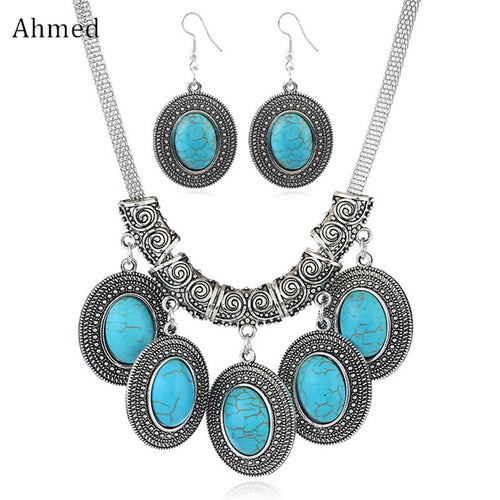 Ahmed Retro Antique Synthetic Stone Water Pendant Necklace Earrings Sets for Women Fashion Boho Vintage Jewelry Set Gifts